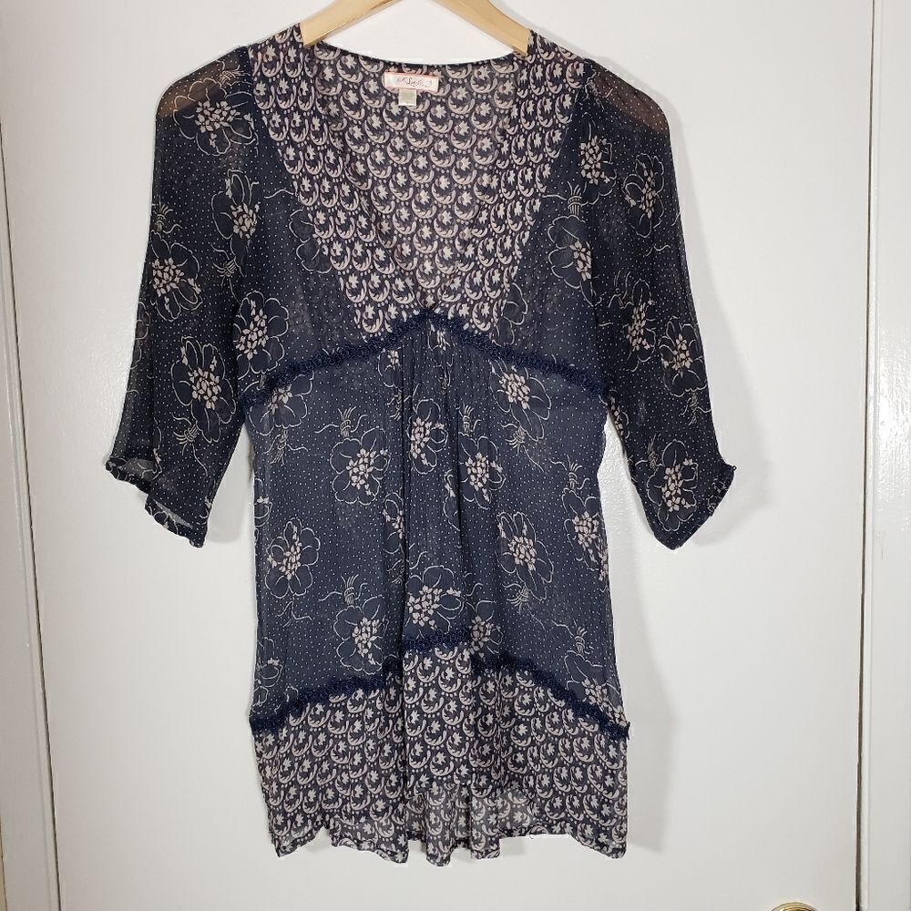 Lux 100% Silk V Neck 3/4 Sleeve Boho Print Sheer Blouse Size S